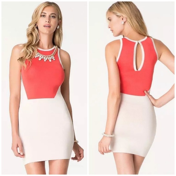 Bebe Coral Cream Necklace Embellished 2-Tone Bodycon Dress - Picture 1 of 6